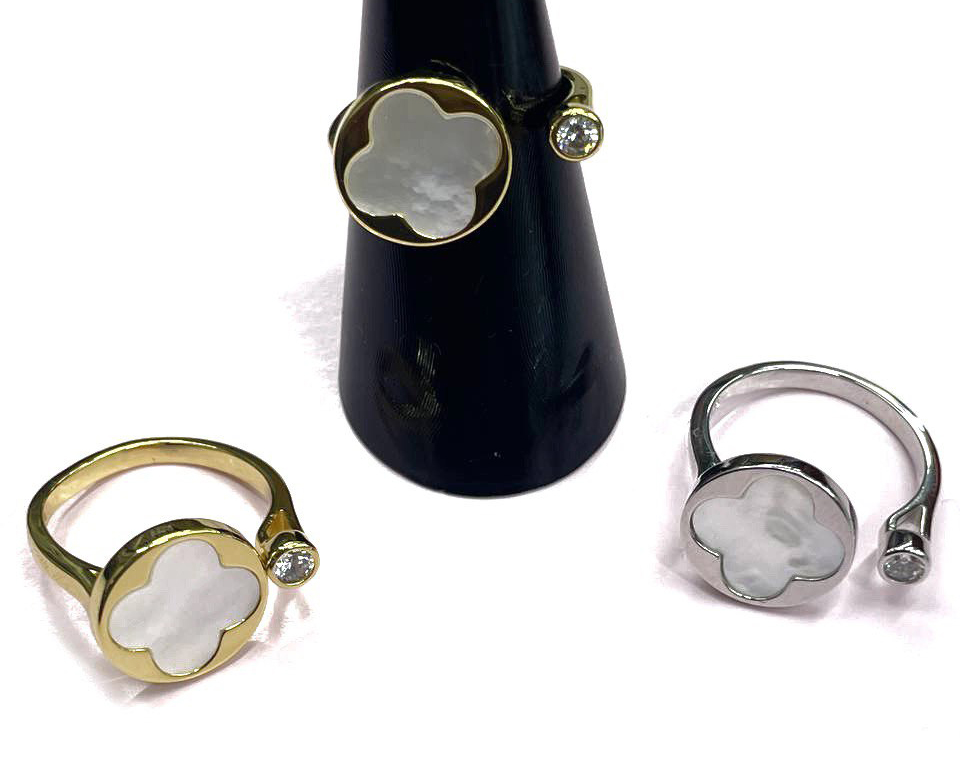 Кольцо безразмерное цвет серебро и золото вставка фианит и натуральный перламутр Серебро